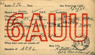 6auu H.  Jattenhian San Francisco,  California 1924.  Vintage Ham Radio Qsl Card