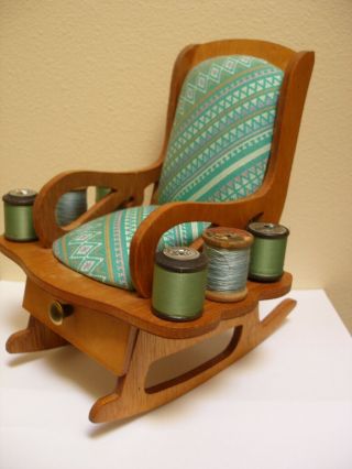 Vintage Rocking Chair Pincushion With Drawer Spool Spindles Fabric