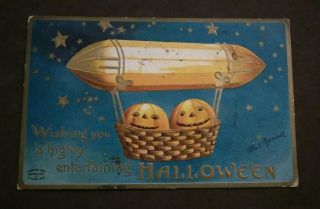 Old Antique Postcard Halloween Jack O Lantern Blimp Clapsaddle