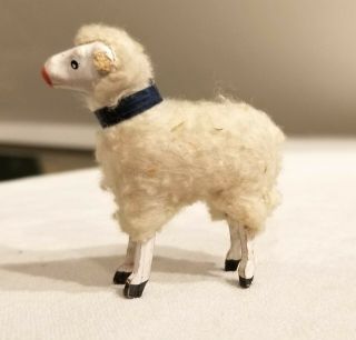 5th Miniature Wooly Sheep.  Wooden Legs,  Wool - Wrapped Body.  Blue Collar German