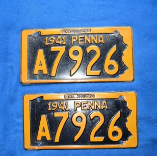 Vintage Pair 1941 Pa Automobile,  Car License Plate Penna Pennsylvania