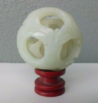 Chinese Carved Light Green Jade Stone Puzzle Ball