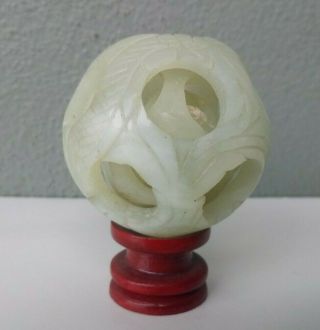 CHINESE CARVED LIGHT GREEN JADE STONE PUZZLE BALL 2