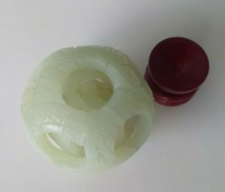 CHINESE CARVED LIGHT GREEN JADE STONE PUZZLE BALL 3