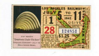 Los Angeles California Railway Ticket Pass July 5 - 11 1942 Hollywood Bowl