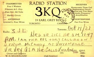 3kq W.  H.  Mulholland Toronto,  Canada 1923 Vintage Ham Radio Qsl Card