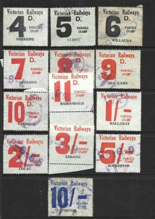 Victorian Railways Parcels Stamps X 13 Fine 4d To 10/ -