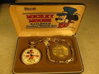 Disney Boxed Mickey Mouse Railroad Pocket Watch With Chain & Coin
