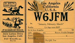 W6jfm Pat Walsh Los Angeles,  California Uncirculated Vintage Ham Radio Qsl Card