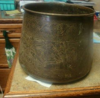 Antique Vtg Heavy Solid Brass Flower Pot Oriental 7 " Tall