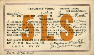 5ls Jg Johnson Denton,  Texas 1925 Vintage Ham Radio Qsl Card