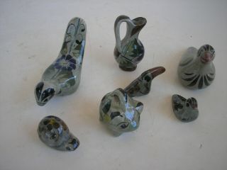 Vtg.  Mexican Tonala Folk Art Pottery Miniature Figurines 7 Birds,  Vases,  Animals 2