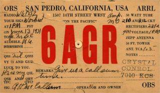6agr Ahme Callerin San Pedro,  California 1930 Vintage Ham Radio Qsl Card