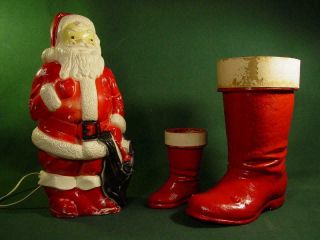 1950s Vintage Christmas Empire Blow Mold Santa & 2 Paper Mache Candy Boots