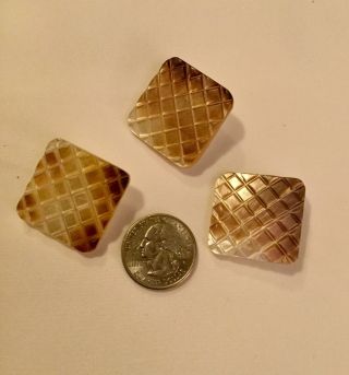 Three Vintage 1 1/8” Square Mother Of Pearl Buttons W Brass Shanks