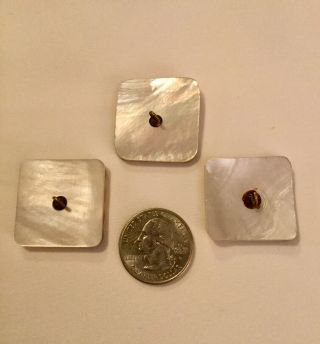 Three Vintage 1 1/8” Square Mother Of Pearl Buttons W Brass Shanks 2