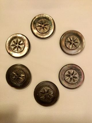 Six Vintage 1 1/8” Carved Abalone Buttons.  Really 4