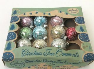 10 Miniature Vintage Shiny Brite Glass Christmas Tree Ornament Silver Mesh Iob