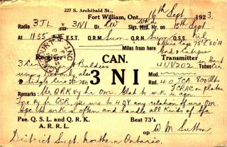 Can3ni W.  M.  Sullon Fort William,  Ontario,  Canada 1923 Vintage Ham Radio Qsl Card
