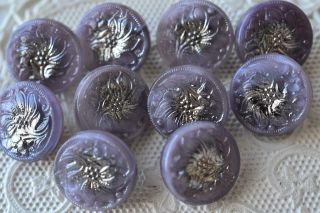 6387 - Pretty Set (10) Vintage Czech Old Glass 1/2 " 4 - Way Floral Purple Buttons