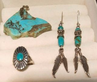Vtg Native American Sterling Silver Turquoise Feather Earrings,  Pendant & Ring