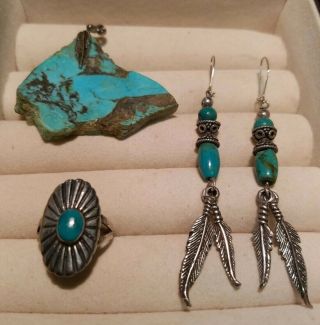 Vtg Native American Sterling Silver Turquoise Feather Earrings,  Pendant & Ring 2