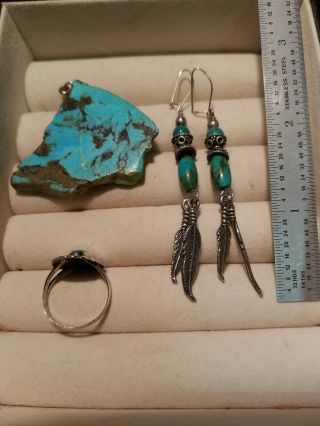 Vtg Native American Sterling Silver Turquoise Feather Earrings,  Pendant & Ring 3