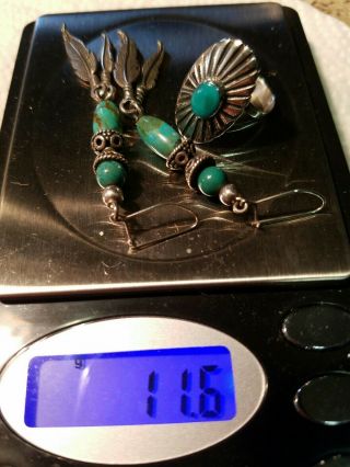 Vtg Native American Sterling Silver Turquoise Feather Earrings,  Pendant & Ring 4