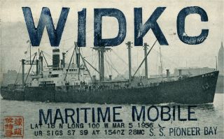 W1dkc Earl Maritime Mobile S.  S.  Pioneer Bay 1956 Vintage Ham Radio Qsl Card
