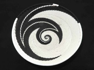Striking Black/ White Swirl Handwoven African Zulu Telephone Wire Basket / Bowl