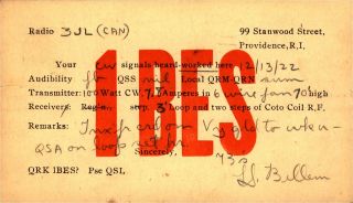 1bes Billem Providence,  Rhode Island 1922 Vintage Ham Radio Qsl Card