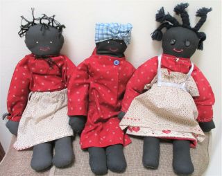 Vintage 17 " Handmade Black Cloth Rag Dolls - Set Of 3 - Africa American Folk Art