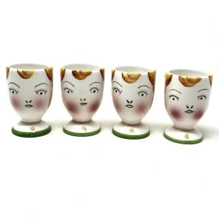 4 Hand Painted Vintage Lady Face Egg Cups Set