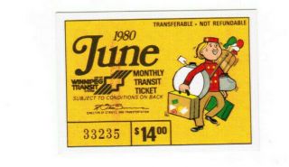 Winnipeg Canada Monthly Transit Bus Ticket Pass For Month Of June 1980 Bell Hop
