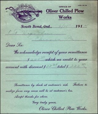 1914 Billhead South Bend Indiana Oliver Chilled Plow Vignette