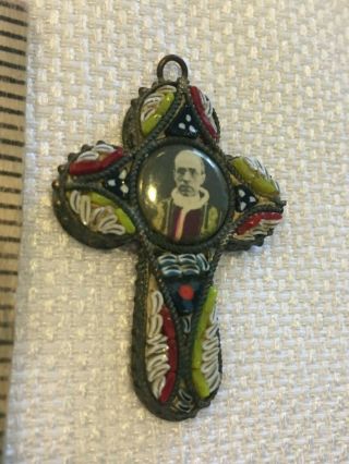 Antique Micro Mosaic Papal Cross Crucifix With Image Of Pope Pius Xii Pendant