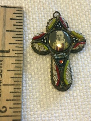 Antique Micro Mosaic Papal Cross Crucifix With image of Pope Pius XII Pendant 2