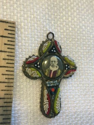 Antique Micro Mosaic Papal Cross Crucifix With image of Pope Pius XII Pendant 3