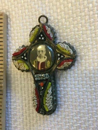 Antique Micro Mosaic Papal Cross Crucifix With image of Pope Pius XII Pendant 4