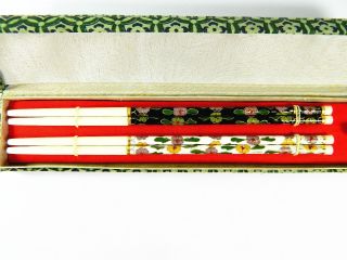 2 Pairs Of Cloisonne & Bone Chopsticks In A Cloth - Covered Box,  Floral Pattern