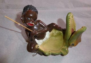 Vintage Black Americana Porcelain Ashtray Boy With Alligator
