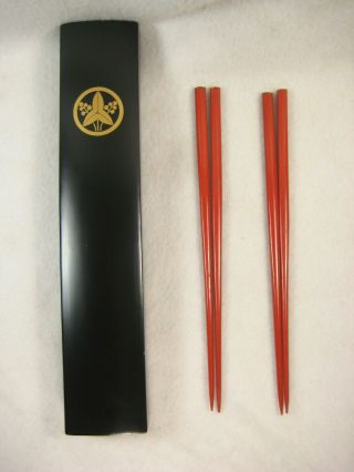 Vintage Japanese Family Crest Lacquer Hashi Chopstick Box W/ 2 Set Of Chopstick