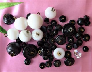 50,  Collectable Swirlback Mainly Black Glass Buttons - Many Very Small (7)