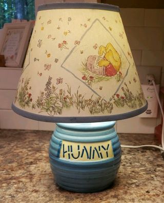 Classic Winnie The Pooh Hunny Pot Lamp Nursery With Shade Disney Blue Ceramic