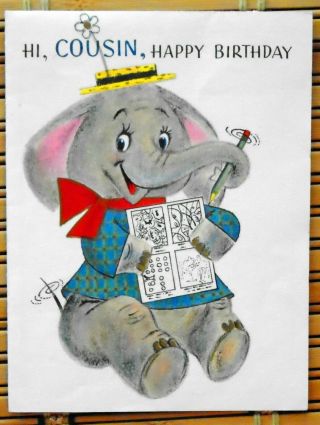 Vintage 1961 Elephant Animals Birthday Greeting Pull - Out Card Novelty Activity