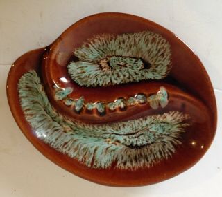 Vintage Large Ceramic Ashtray Candy Dish Brown/turquoise Glazed Mcm Home Decor