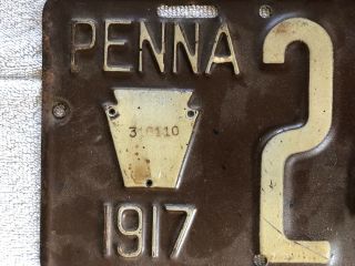 Vintage 1917 Pennsylvania `PENNA ' License Plate with VIN inscribed keystone 2