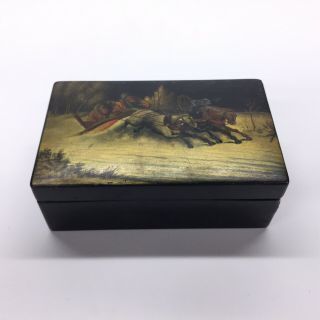 Antique Russian Lacquer Box With Lid Winter Horse Drawn Sleigh
