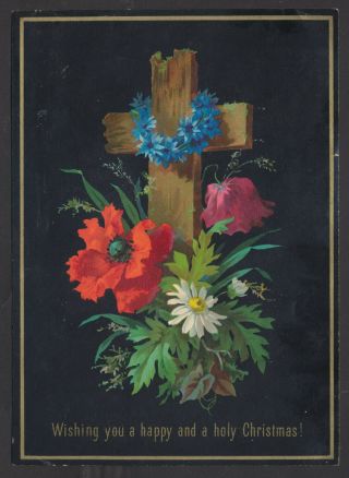 C5319 Victorian Xmas Card: Cross & Flowers On Black