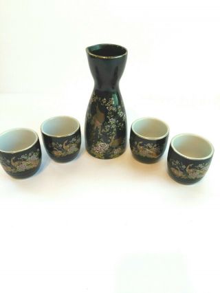 Vintage Porcelain Japanese Sake Set Bottle & 4 Cups Peacock & Floral